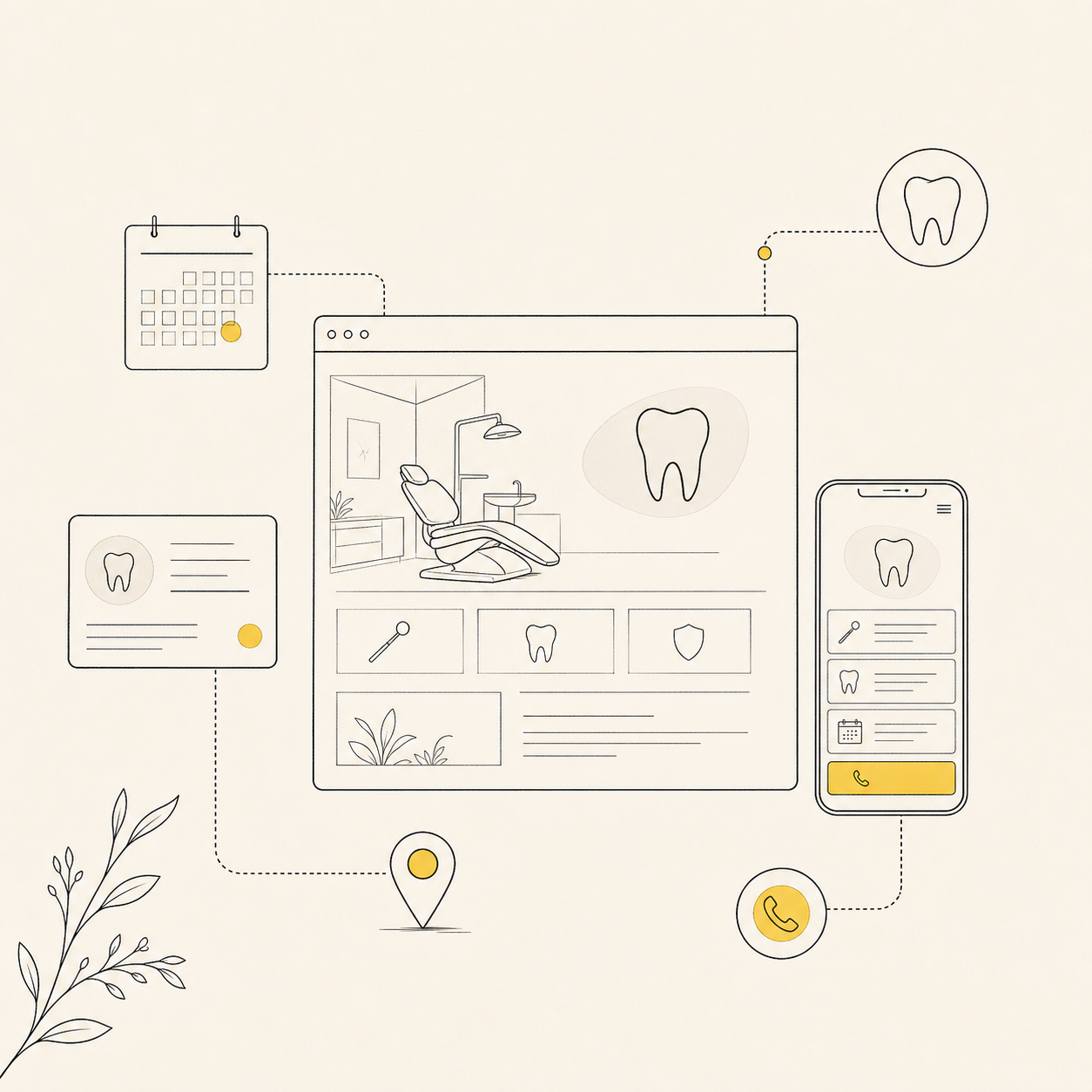 Mapa visual de una clínica dental en Mallorca con tratamientos, equipo, señales de confianza y cita online