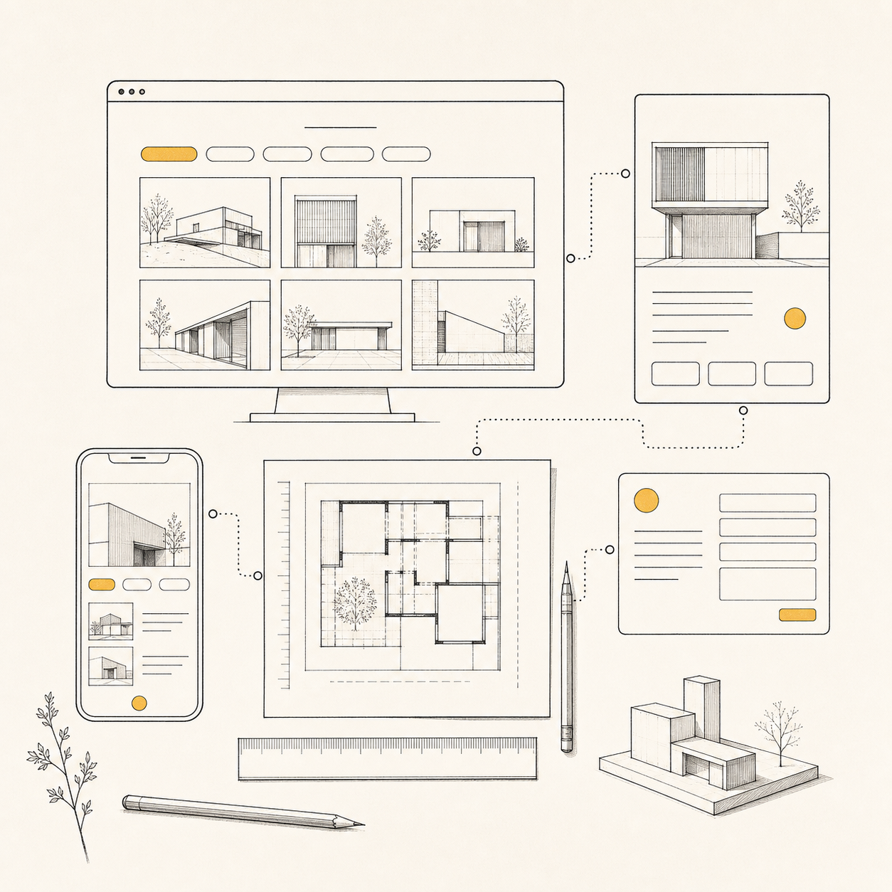 Composición editorial de un portfolio de arquitectura con planos, fotografías y ficha de proyecto